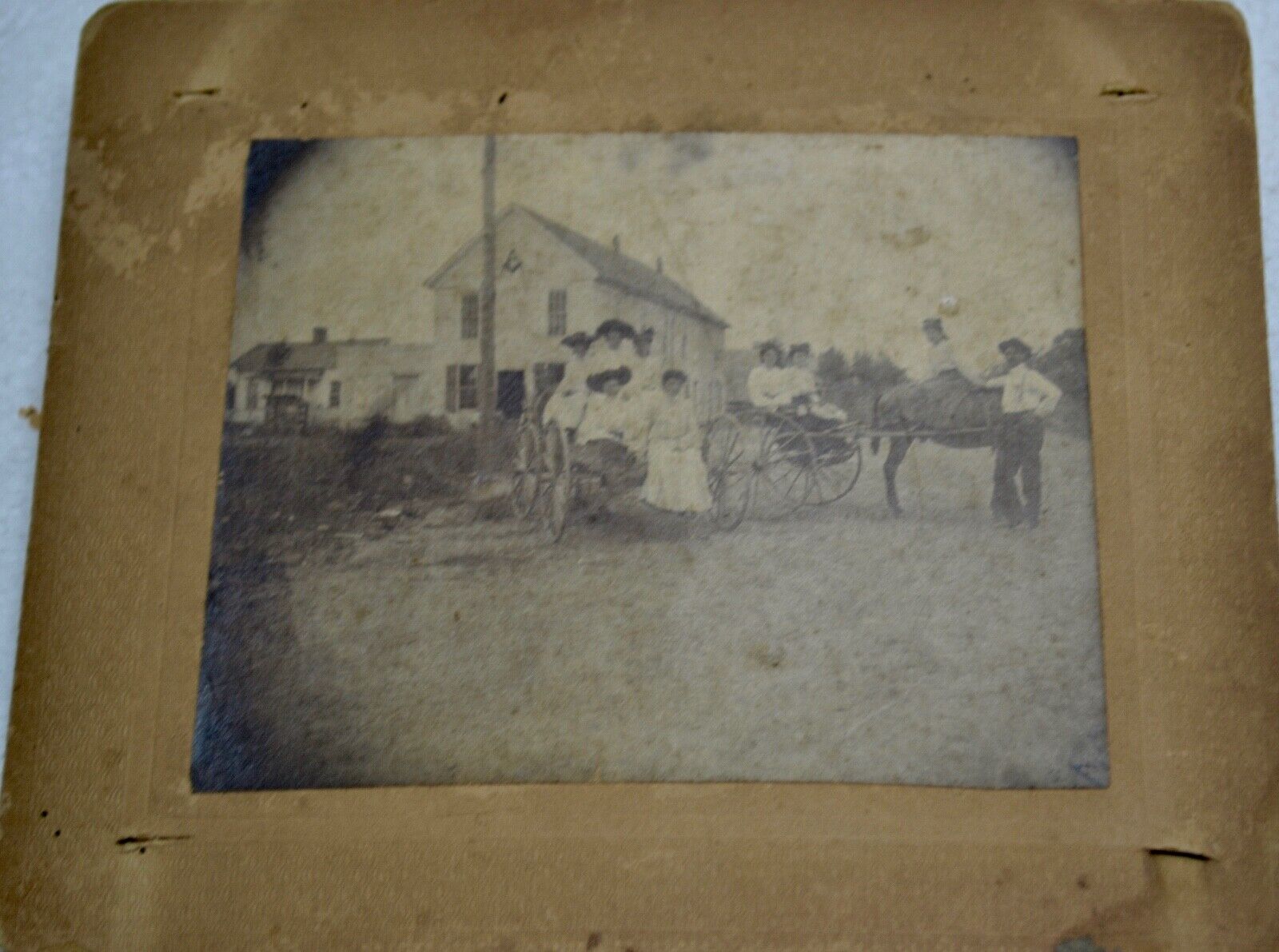 Antique Cabinet Card Photo Building Horse Buggies 1 Man 8 Women 5.5\