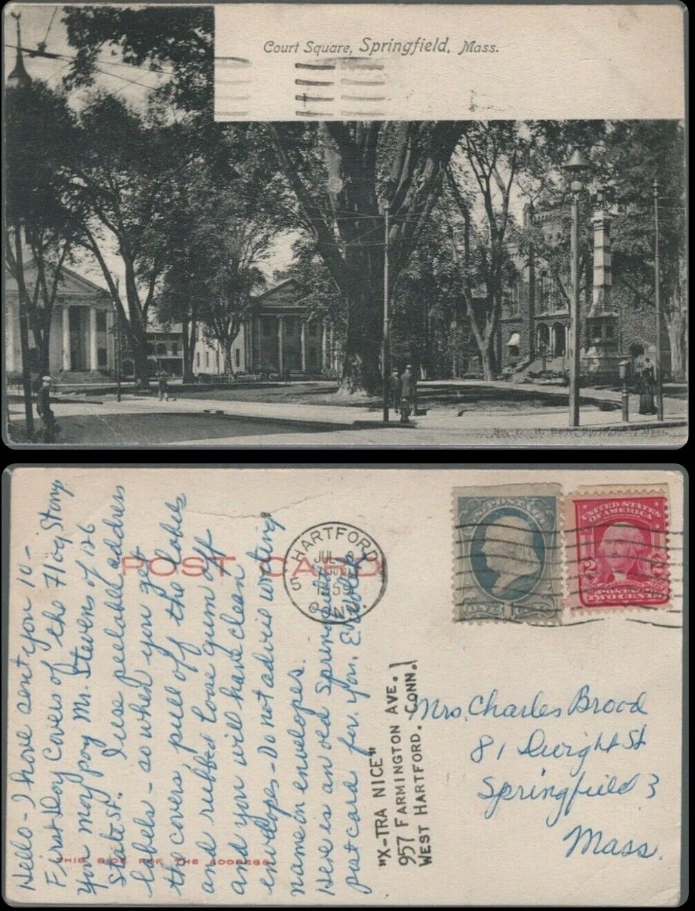 Postcard Court Square Springfield Massachusetts Mailed Hartford Connecticut
