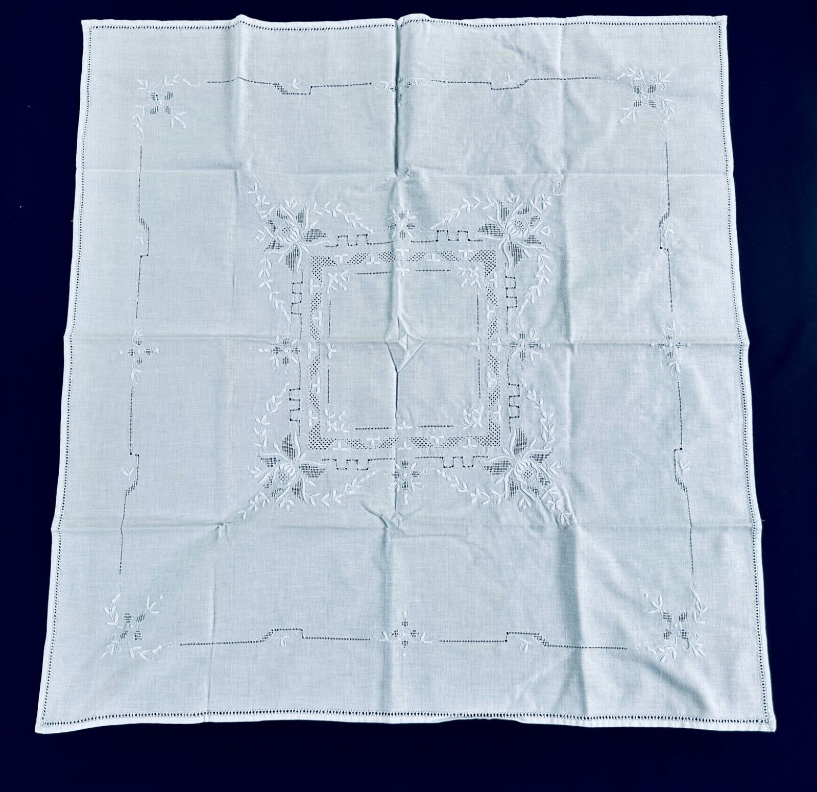 *Vintage Linen Tablecloth White w/ White Floral Embroidered 30-1/4\