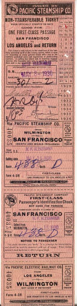 1930 PACIFIC STEAMSHIP CO. TICKET SF To LA FIRST CLASS LA To WILMINGTON PER CO.