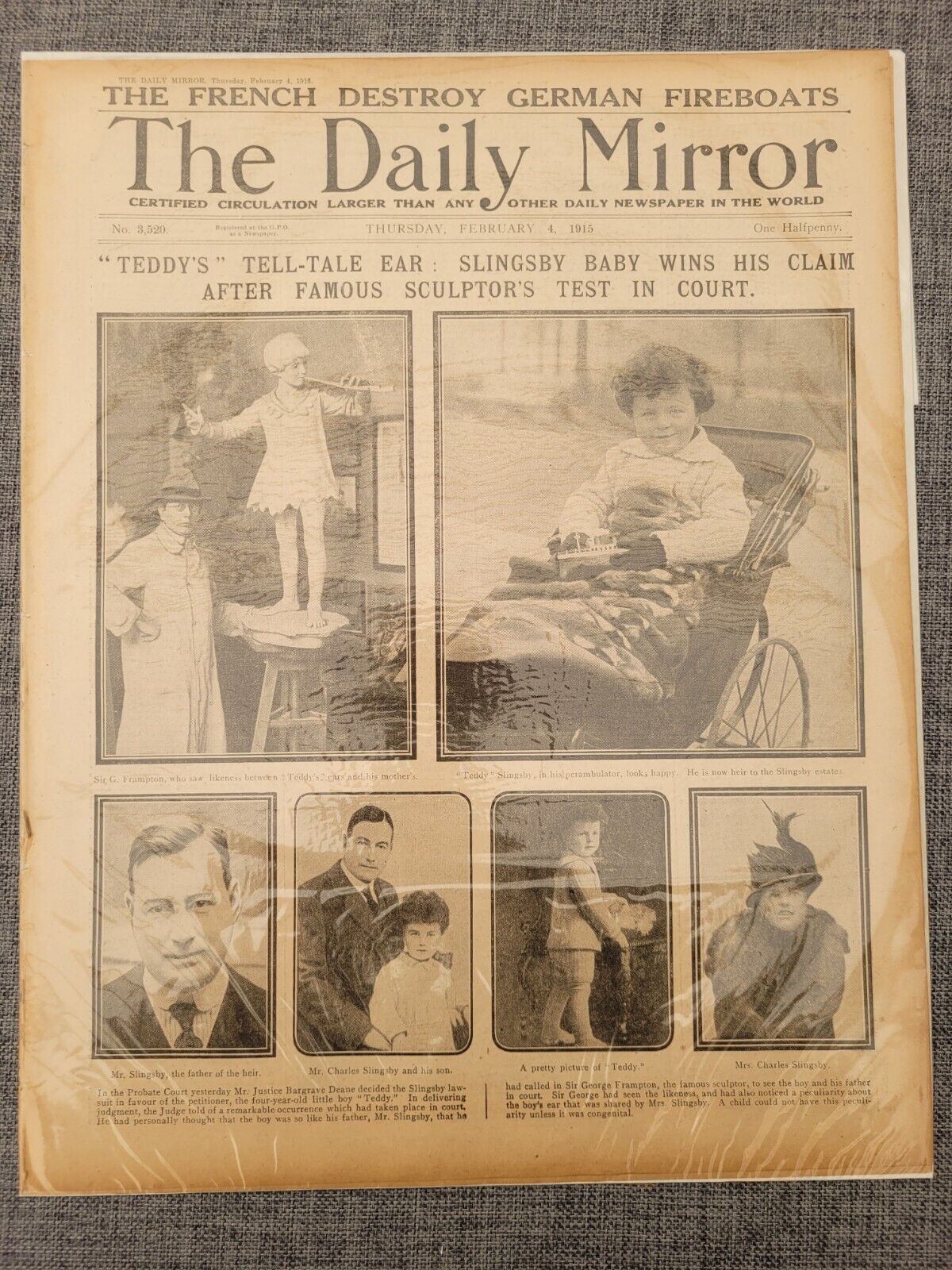 DAILY MIRROR WW1 SLINGSBY BABY TEDDYS TELLTALE EAR 4TH FEB 1915 NEWSPAPER