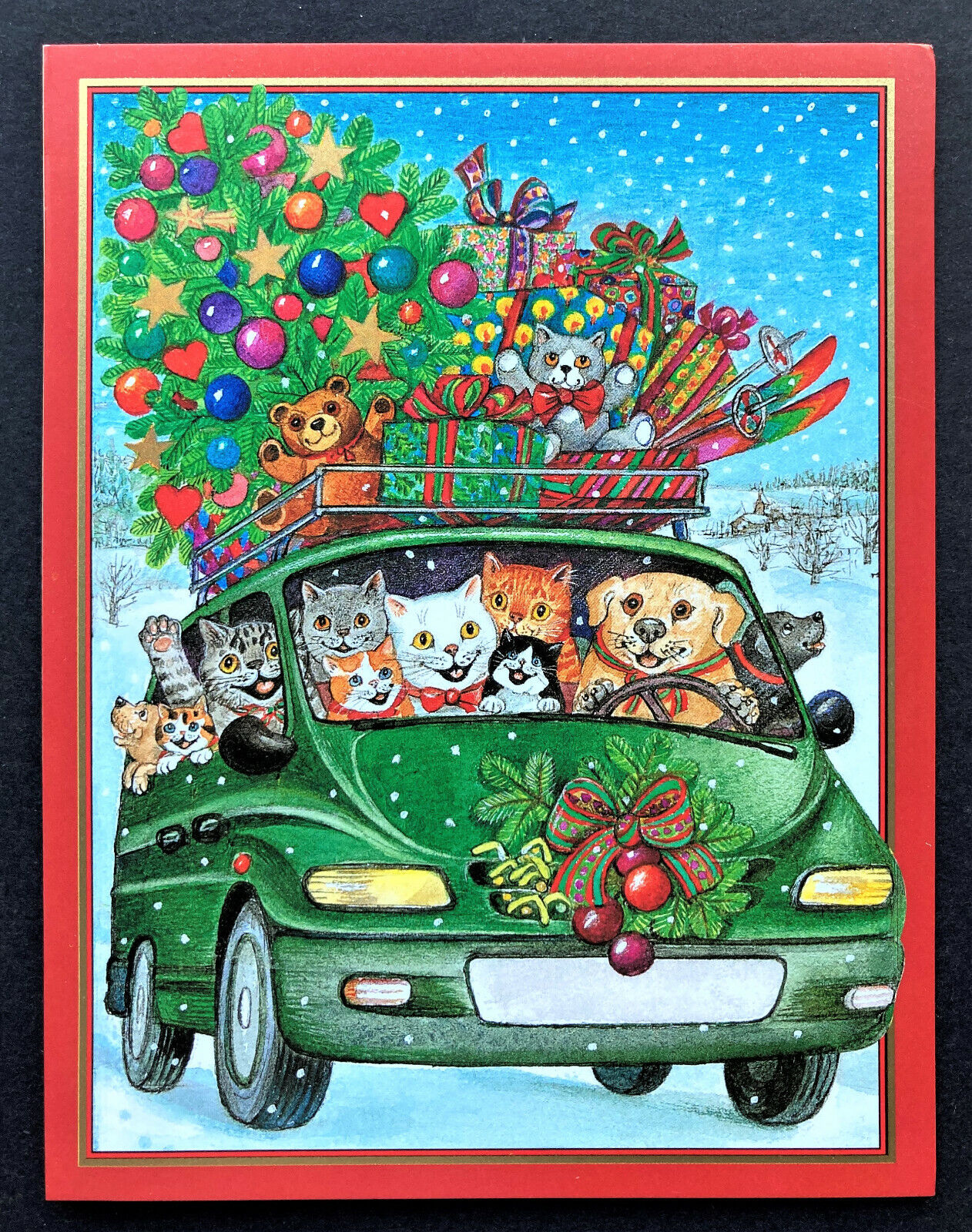 *ONE* Caspari Christmas Holiday Card Cats Dog In Car Bear Gisela Buomberger 1