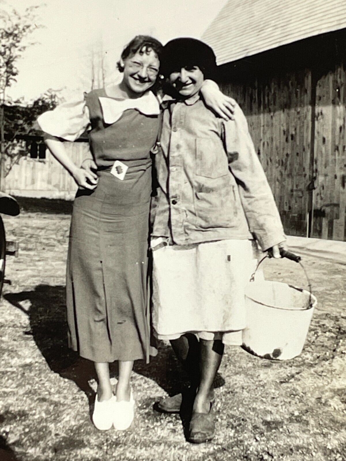 YD Photograph 1935 Embrace Young Women Holding Bucket Farm