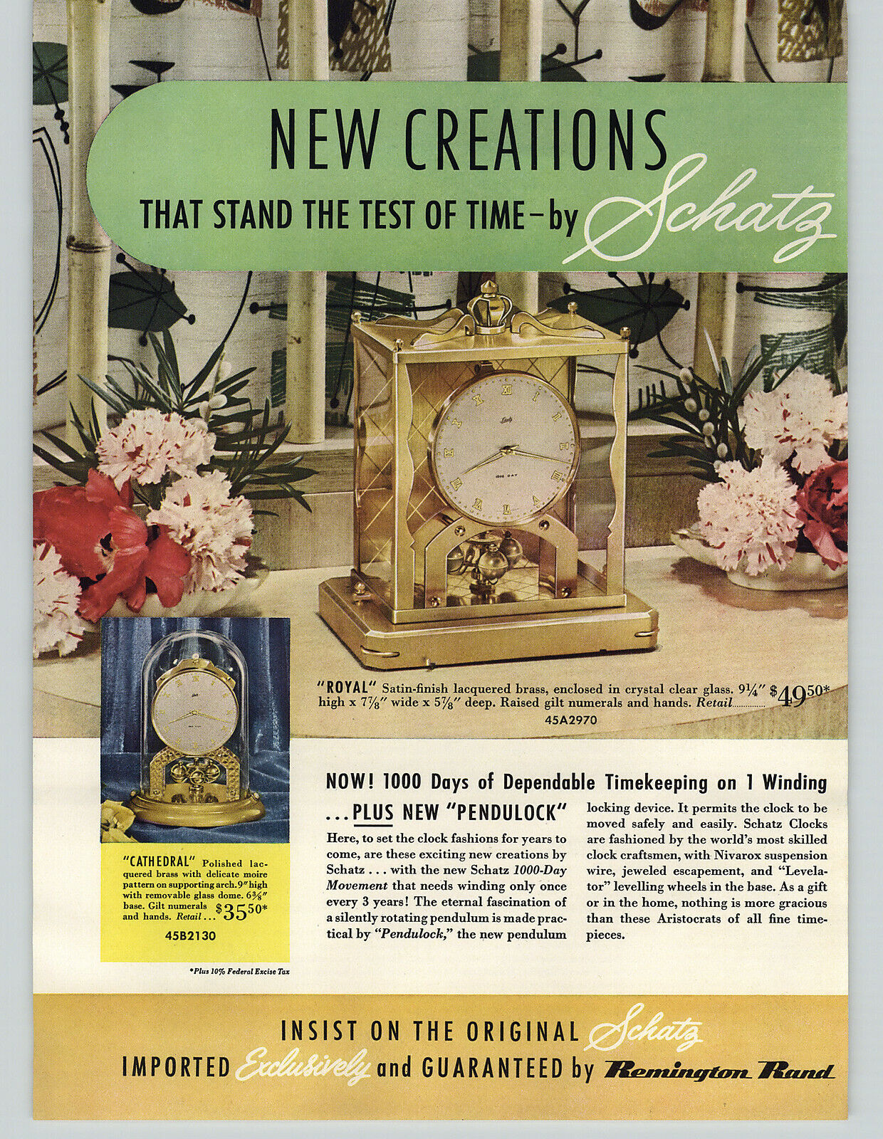 1955 PAPER AD 2 Sided Schatz Royal Brass Clock London Coach Lantern Cuckoo