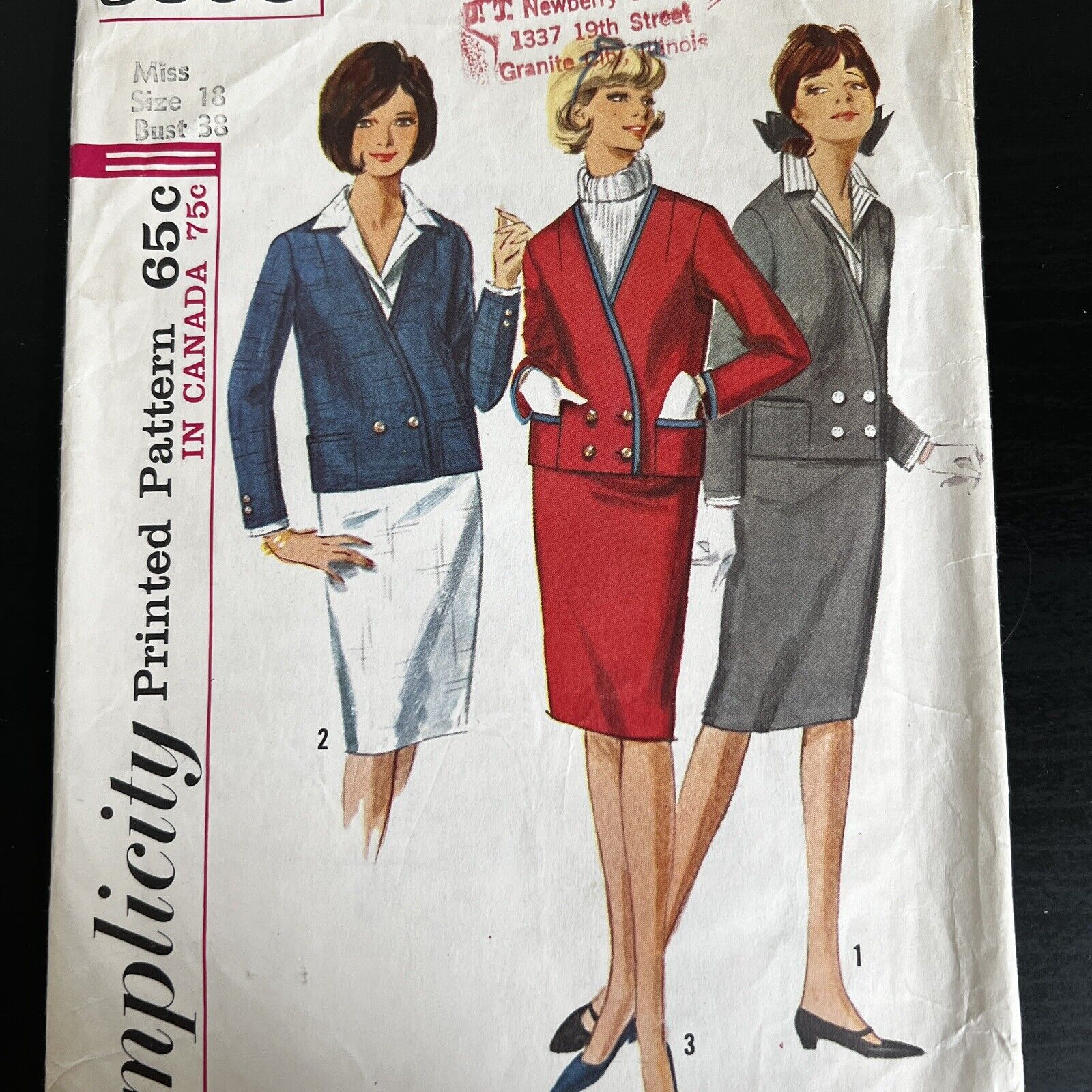 Vintage 1960s Simplicity 5595 Skirt Suit with Dickey Cuffs Sewing Pattern 18 CUT