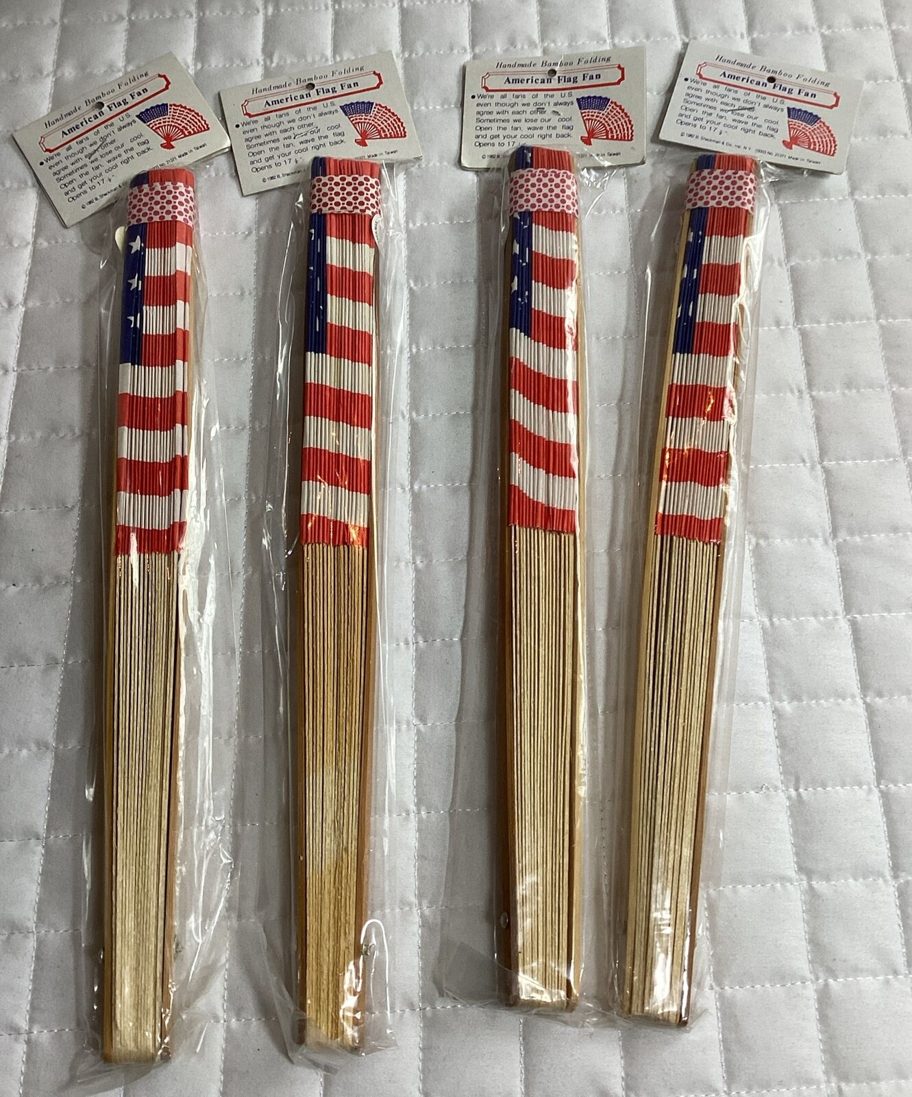 Vtg Bamboo Folding American Flag Fan 1982 Shackman NOS Set Of 4
