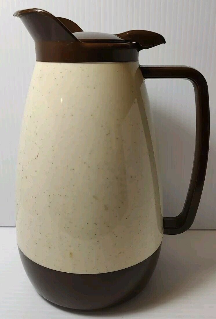 Vintage Thermo Serv Insulated Plastic Coffee Carafe Brown And Cream Speckled MCM