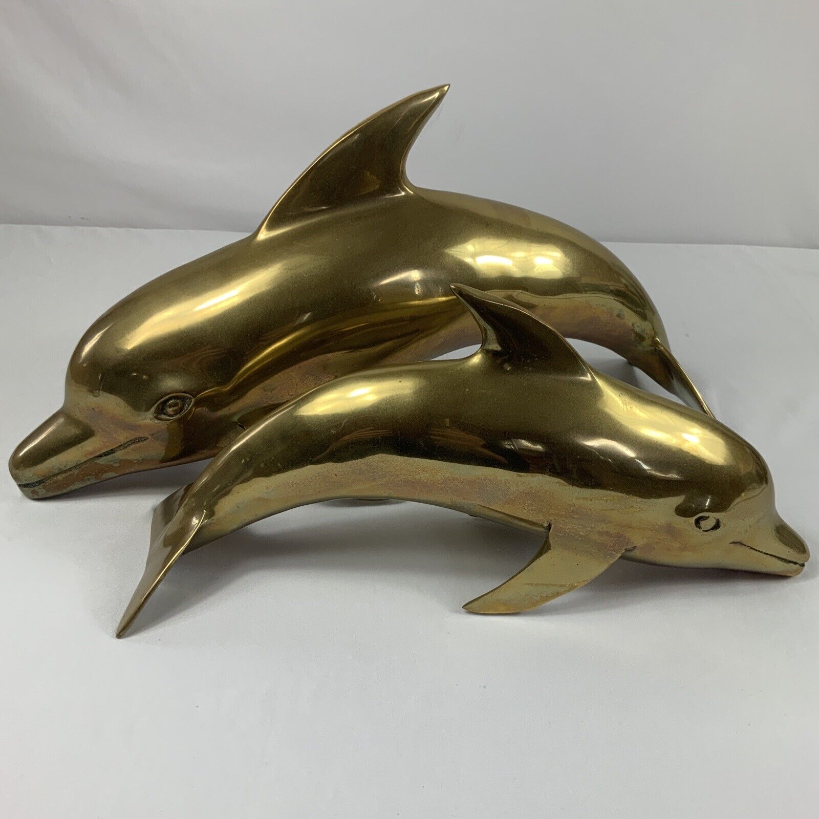 Vintage Heavy Brass Pair of Dolphin Figurines Sculptures 17.5\