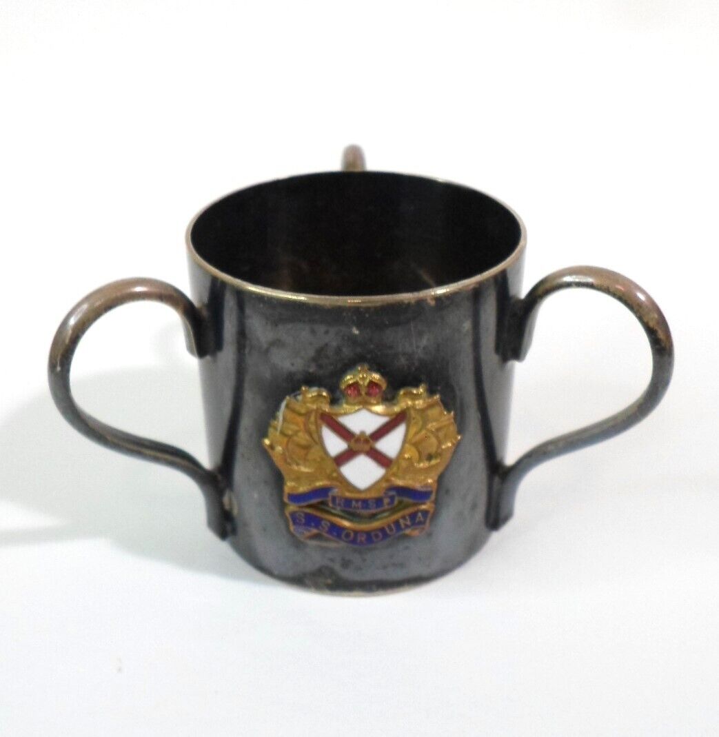 Antique RMSP ORDUNA SOUVENIR CUP  3 Handled Tyg Enameled Crest Silver Souvenir