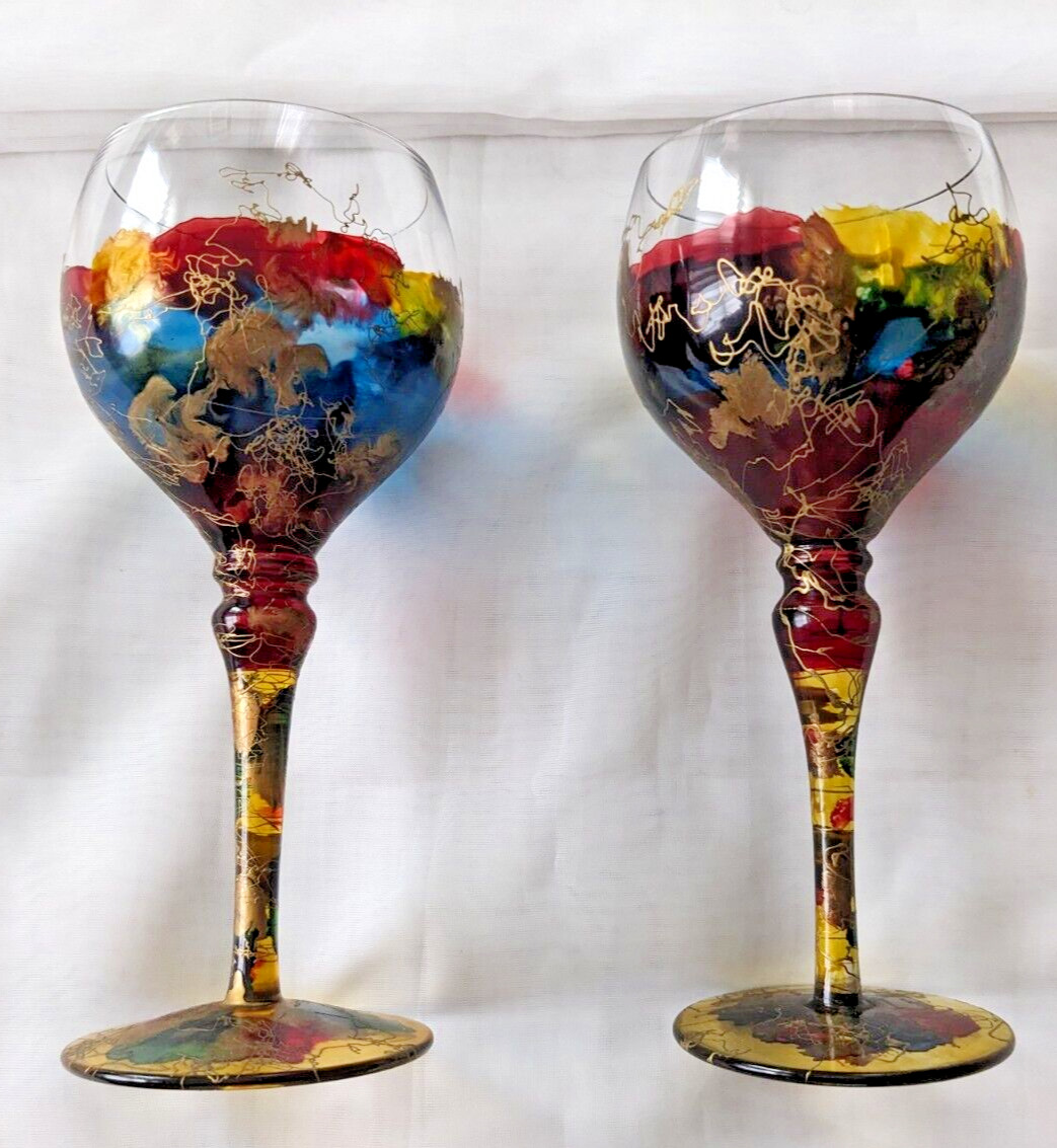  Vintage Romanian Curtea Sticlarului Hand Blown Art Wine Glasses, Set of Two