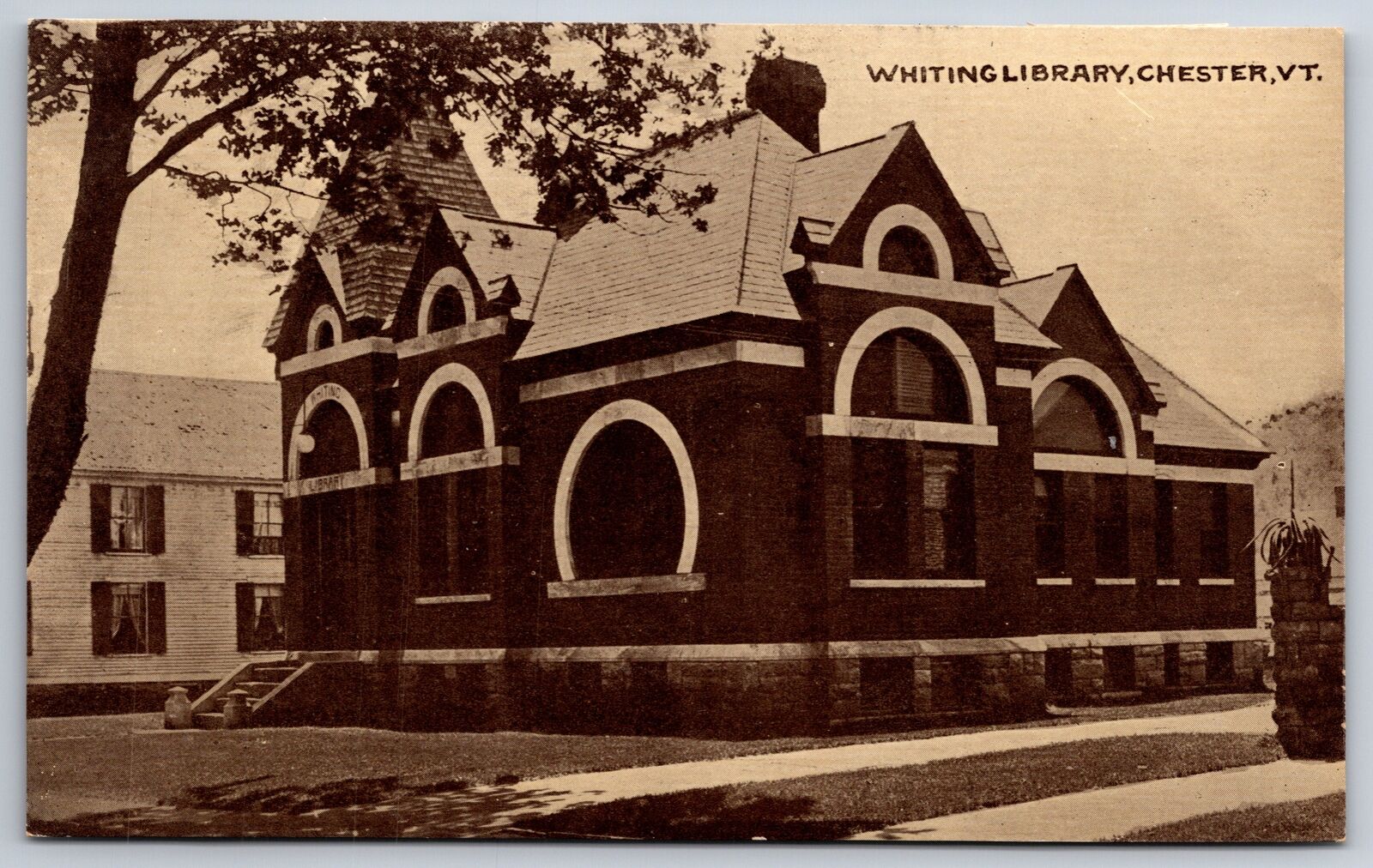Chester Vermont~Whiting Library Corner View~c1910 B&W Postcard
