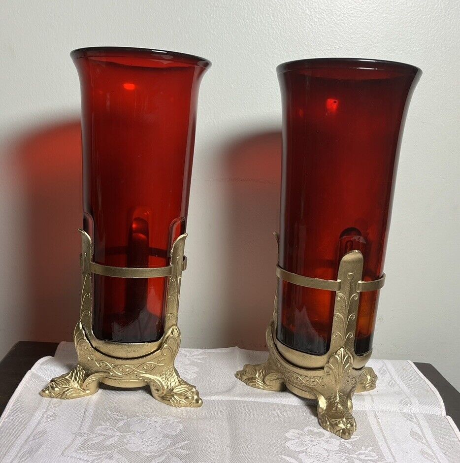 PAIR Antique A. Gross Co CADMIUM Glass Candle Vase Art Deco Koi Dolphin Feet Htf