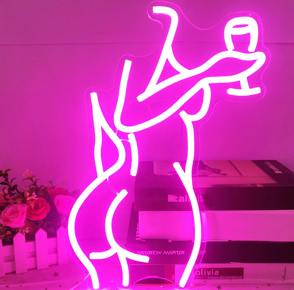 LED Neon Pink Lady Sign - Dimmable Decor for Bedroom, Bar, Store - 16X11 Inches