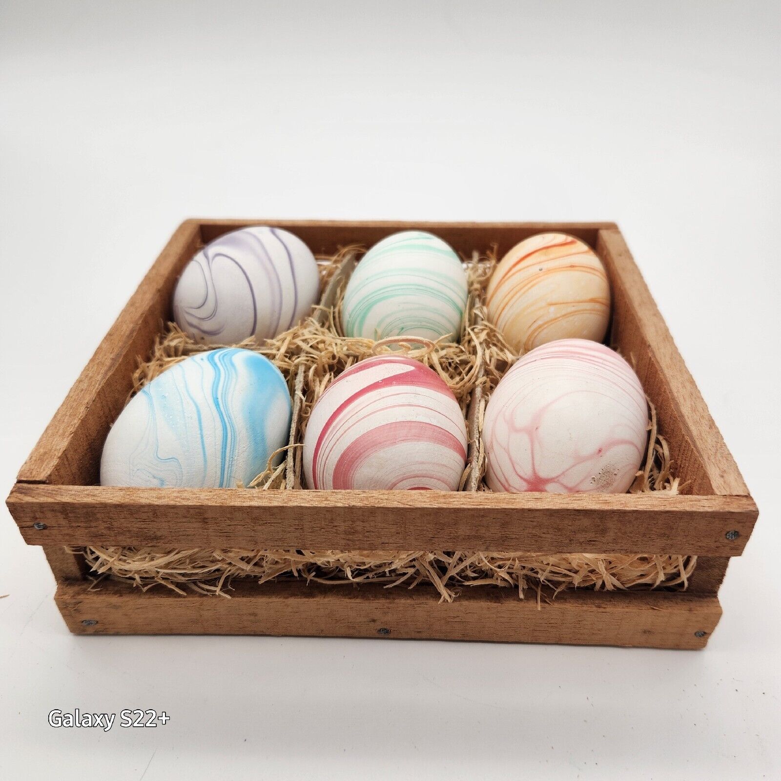 Vintage Marbleized Polymer  Easter Egg Set 6 Wooden Box Straw Swirled 6\
