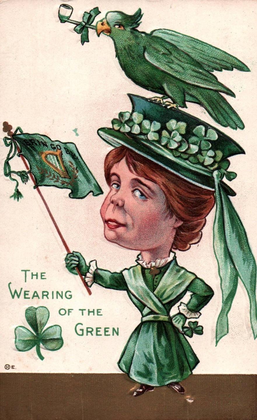 Cute IRISH LASS Holds IRISH FLAG On Colorful Vintage ST. PATRICK\'S DAY Postcard