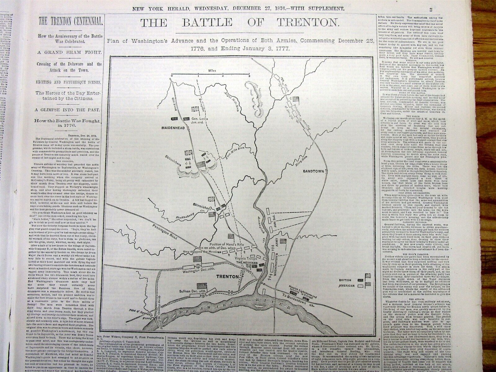 1876 newspaper w MAP & text report CENTENIAL CELEBRATION ofTHE BATTLE OF TRENTON