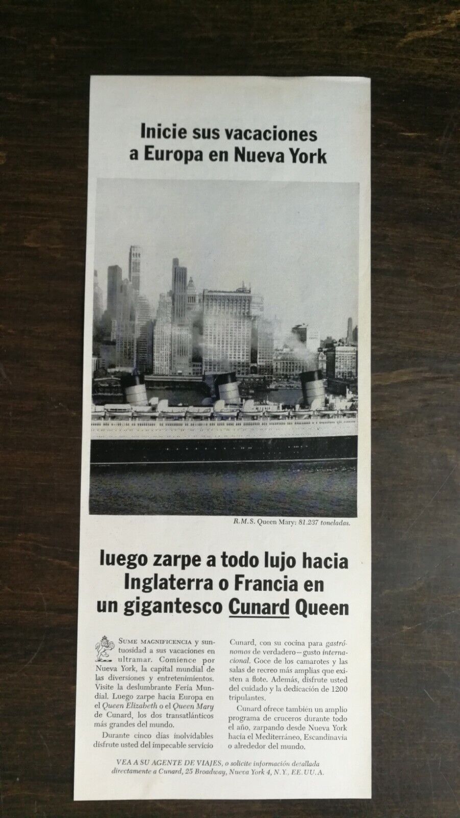 Vintage 1965 Queen Mary Ship Spanish Español Original Ad - 721