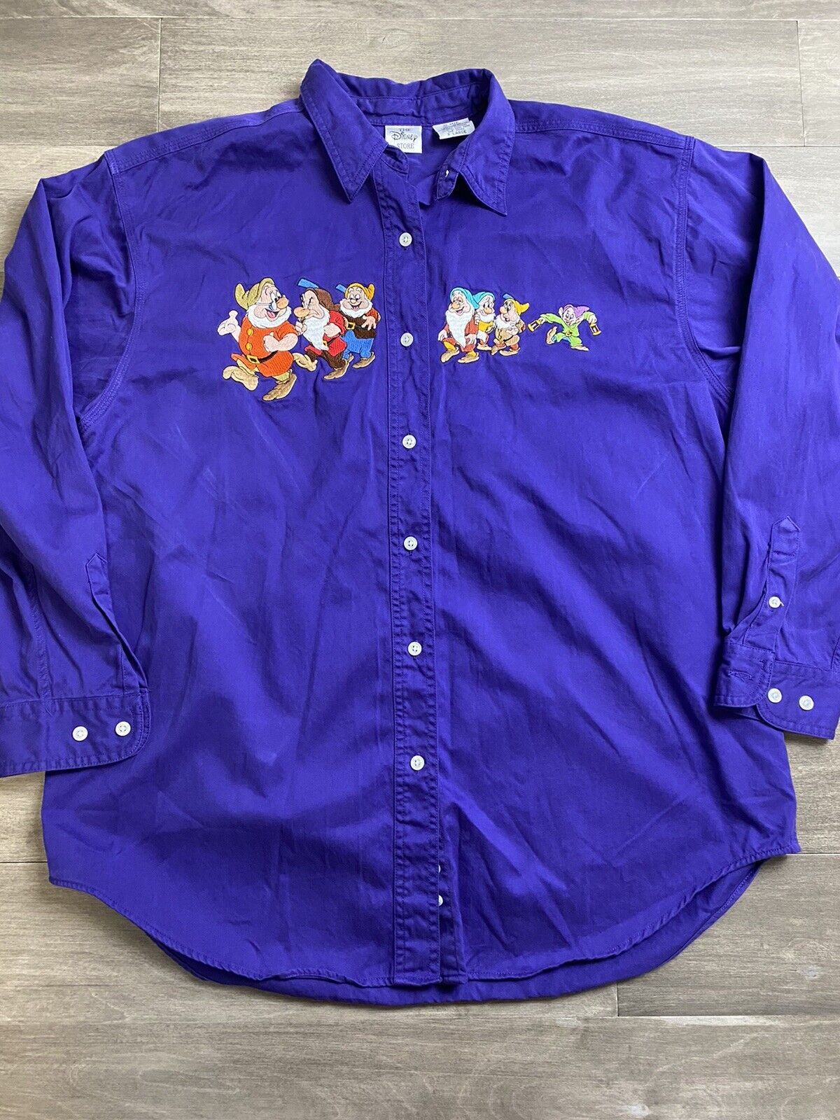 Vintage Disney Store Seven Dwarfs Long Sleeve Purple Button Down Shirt Size Xl