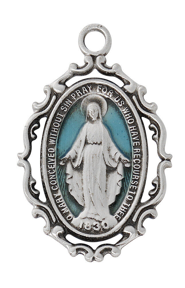Ornate Enamel Inlay Miraculous Medal Pendant on Stainless Steel Chain, 18 In