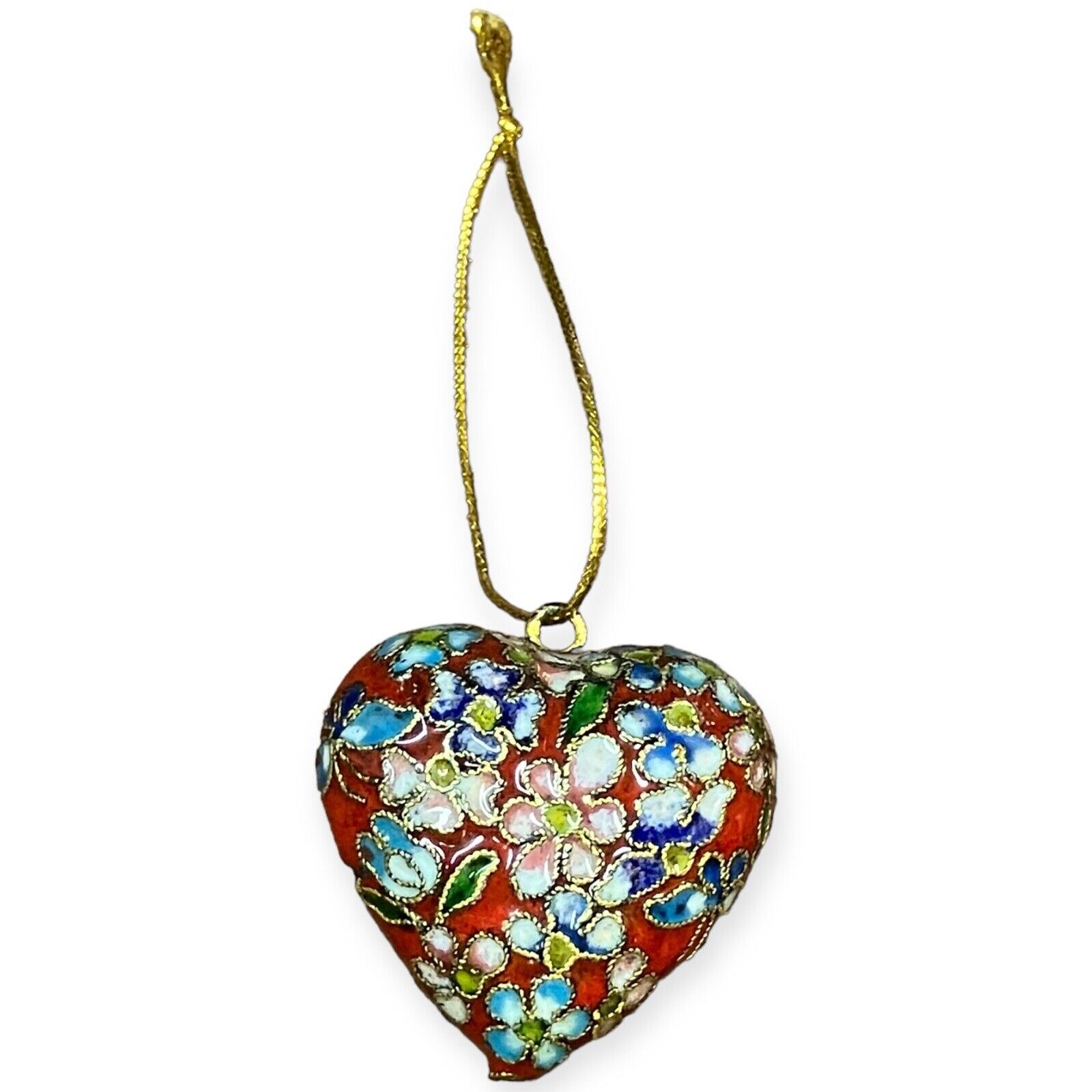 CLOISONNE Red Pink Blue Green Heart Shaped Floral Flowers Christmas Ornament
