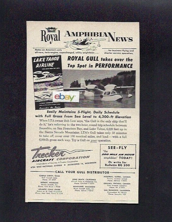 COMMODORE AIR SERVICE ROYAL AIRCRAFT GULL SEAPLANE LAKE TAHOE/SAUSALITO 1956 AD