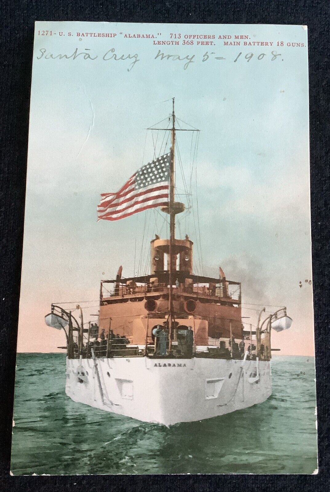 c1910 Postcard US Battleship Alabama, Head on w/ US Flag, Mitchell 1271 