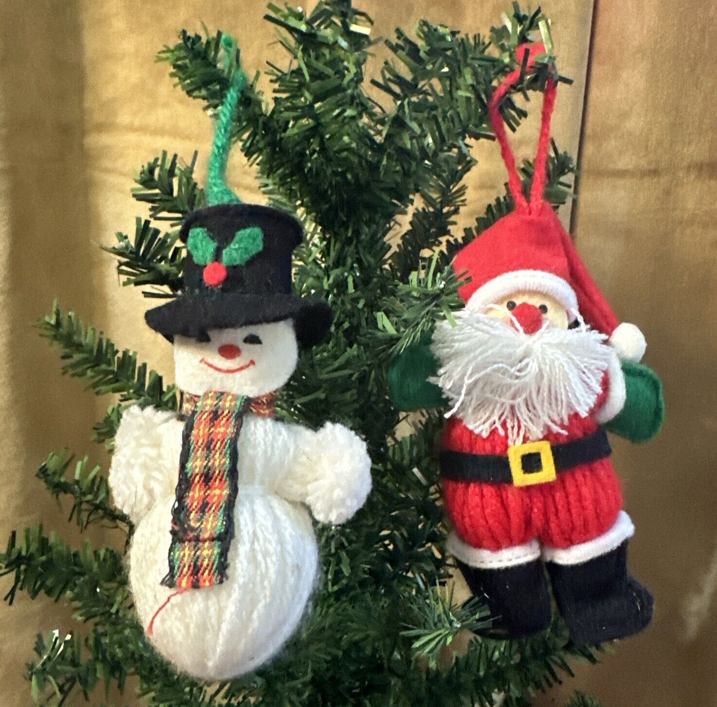 Vintage 1980 Set of 2 Hallmark Yarn Christmas Ornaments ~ Santa & Snowman