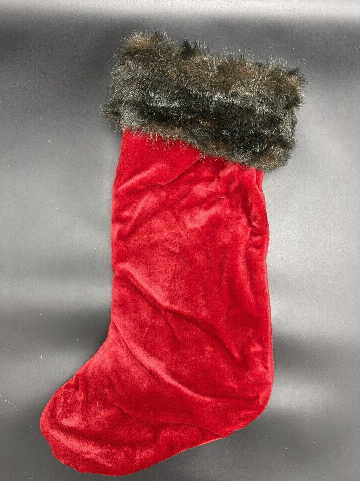 Vintage Red with Brown Faux Trim Plush Christmas Stocking 20\