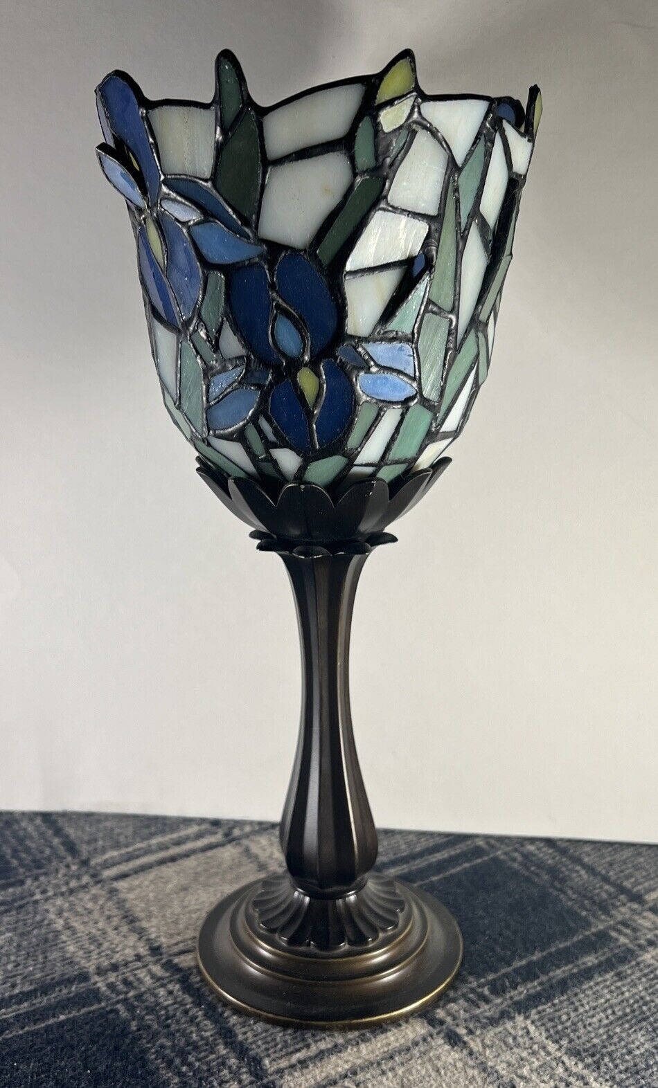 PartyLite Blue Iris Tiffany Style Stained Glass Tea Light Votive Candle Holder