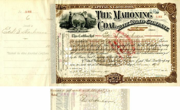 Mahoning Coal Railroad Co. signed by Edward S. Harkness - Stock Certificate - Au
