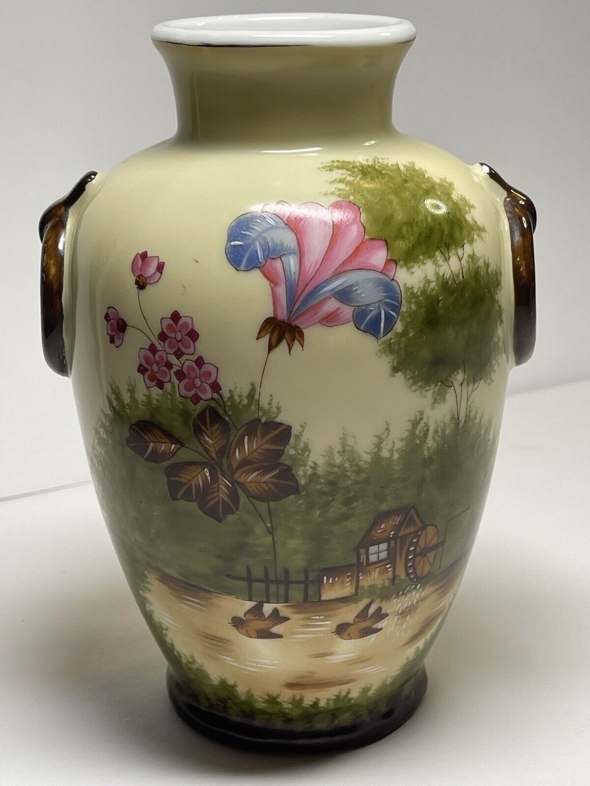 Vintage Antique Ceramic Vase w/ Painted Flower & Landscape 