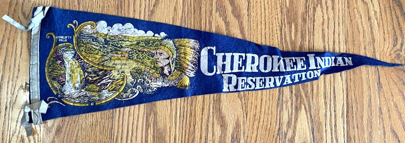 Vintage Cherokee Indian Reservation Native American Blue Felt Flag Pennant 26x8