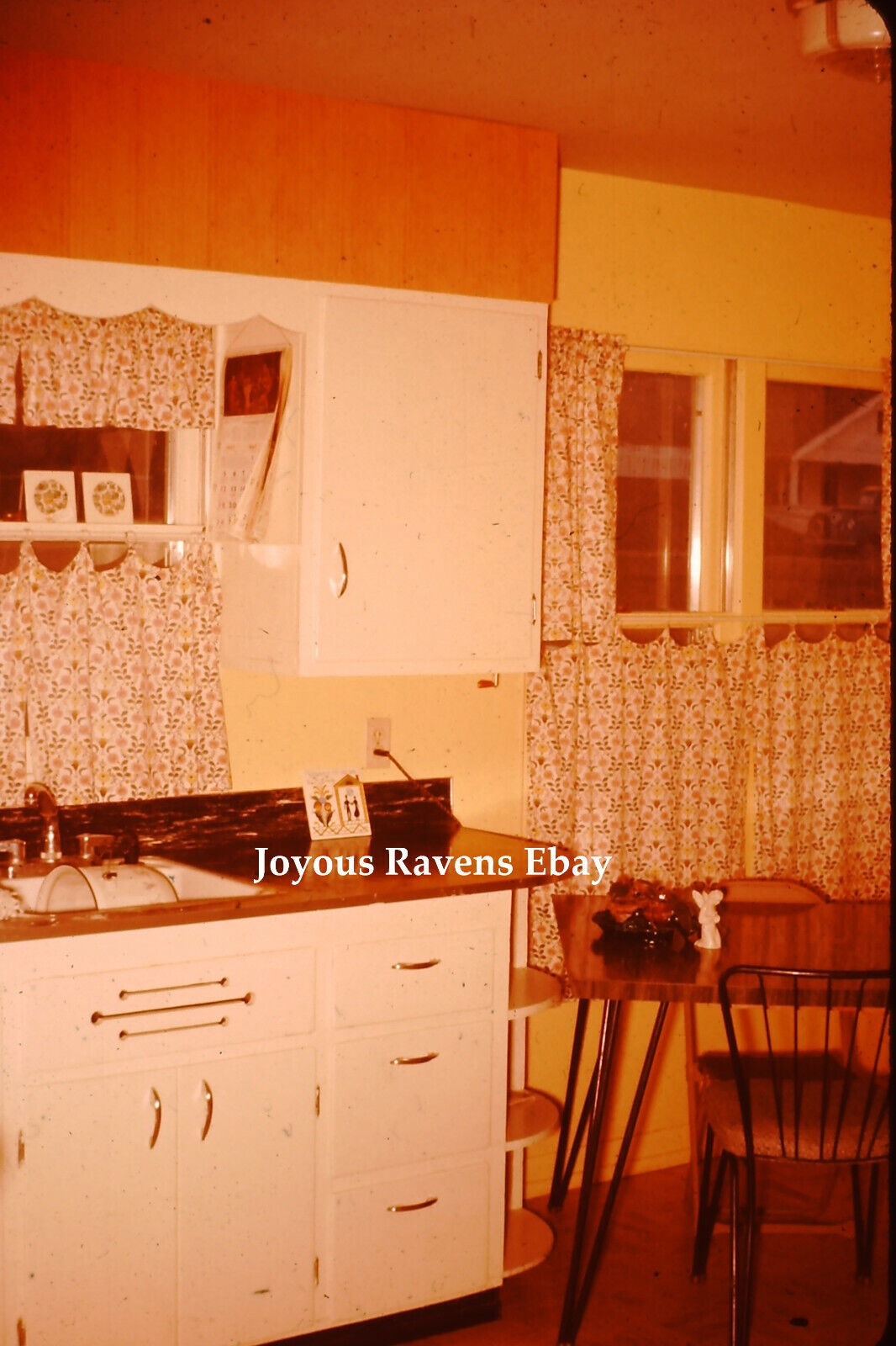35MM Found Photo Slide 1950s Era Kitchen Cabinet Sink Curtains Table and Chairs