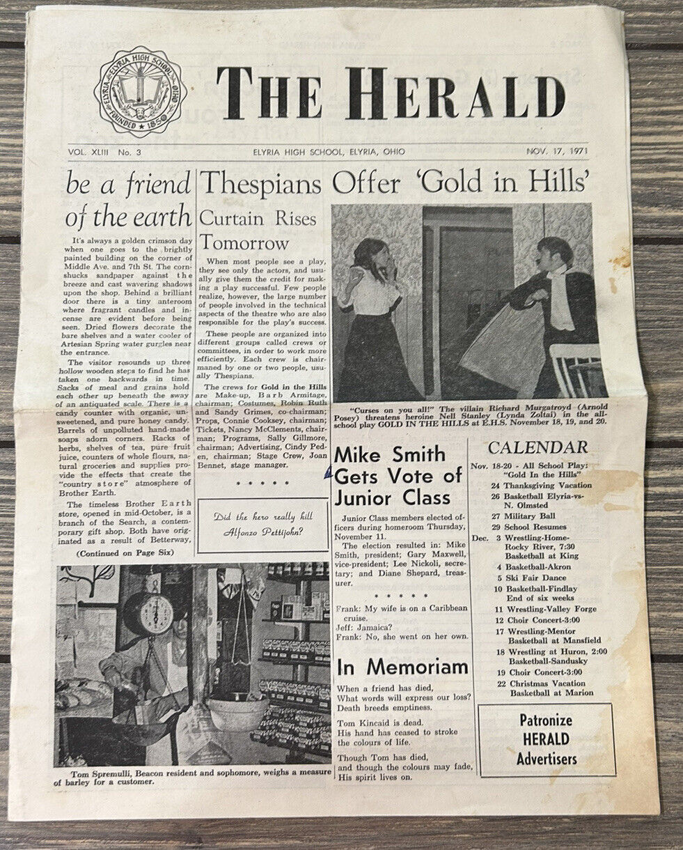 Vintage Nov 17 1971 The Herald Elyria High School Ohio Newspaper