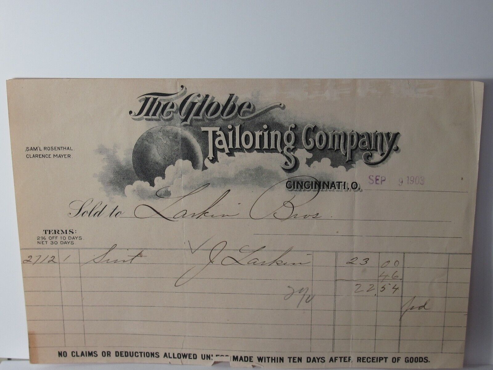 The Globe Tailoring Co. Cincinnati, OH Vintage Invoices 1903 Total of Two