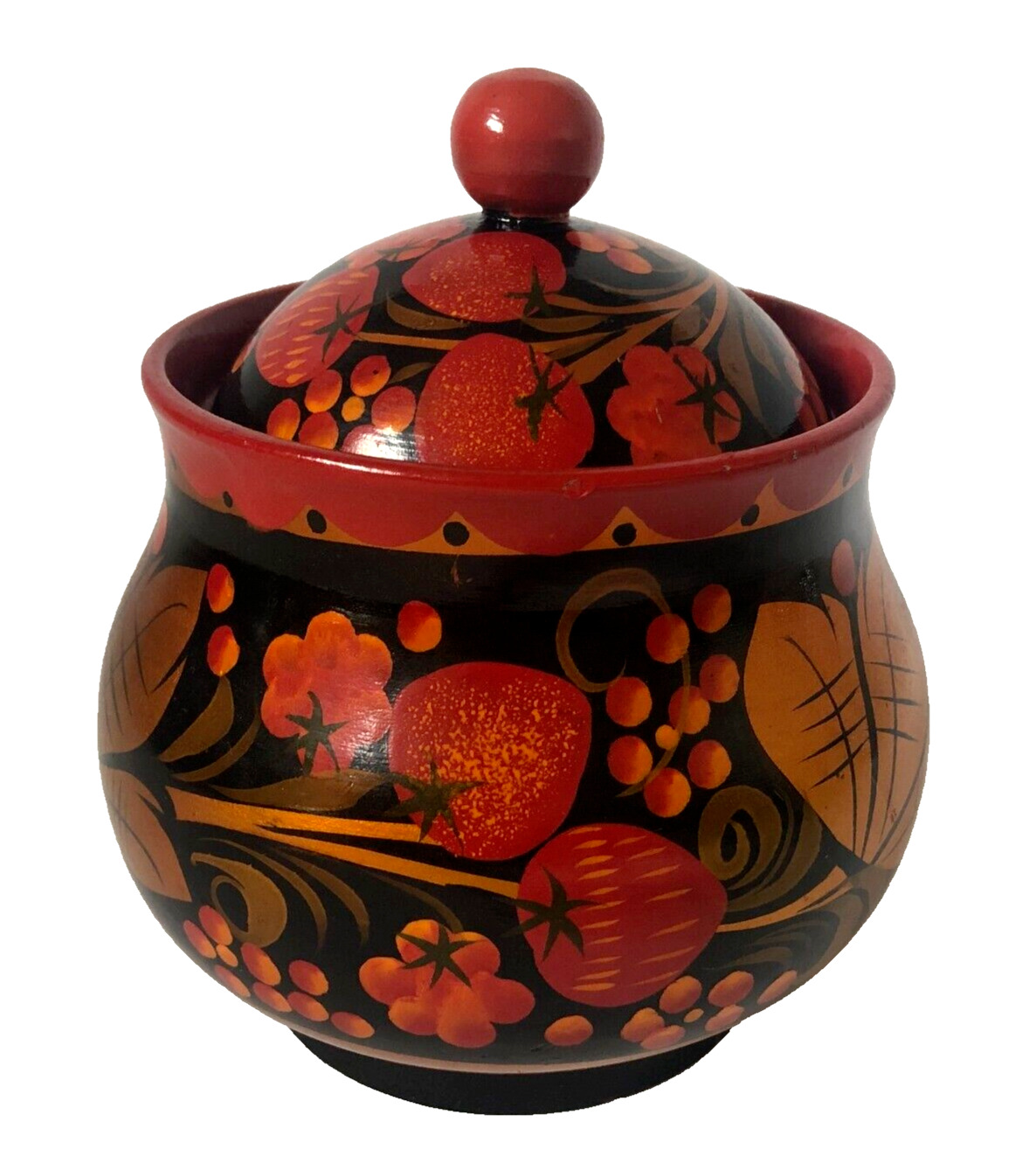 Russian Khokhloma Painted Lacquered Wooden Jar Pot Sugar Bowl with Lid 4 3/4\