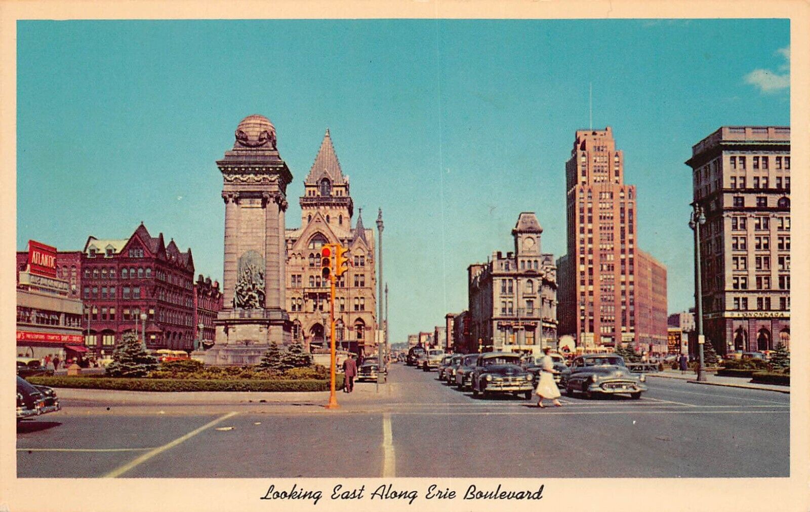 Syracuse New York NY Erie Blvd Street View Military Statue 1950s Postcard J11