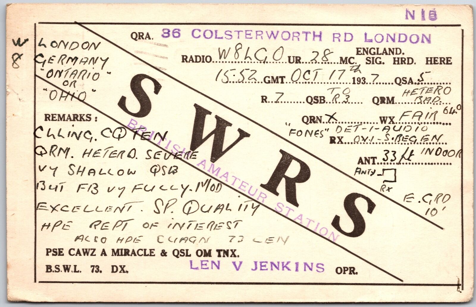 1937 QSL Radio Card SWRS London England Amateur Radio Station Posted Postcard