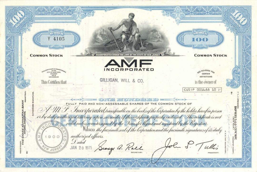 AMF Incorporated - American Machine and Foundry - Stock Certificate - Sports Sto