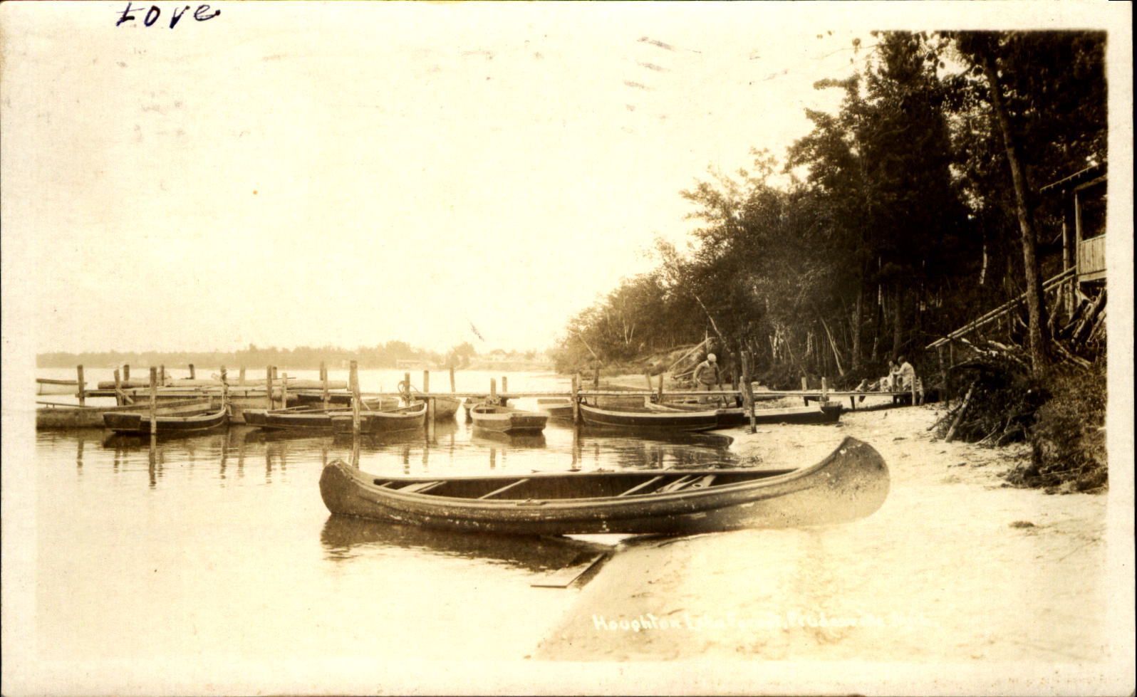 Houghton Lake~Prudenville Michigan MI~RPPC~canoes~pier~cabin~boats~Roscommon PM