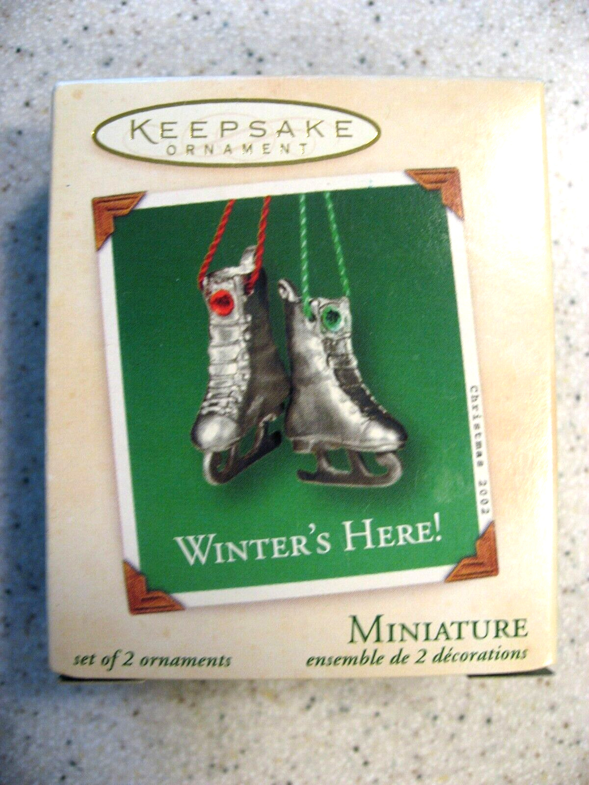Hallmark Keepsake Winter\'s Here Set of 2 Miniature Skate Ornaments 2002 Pewter