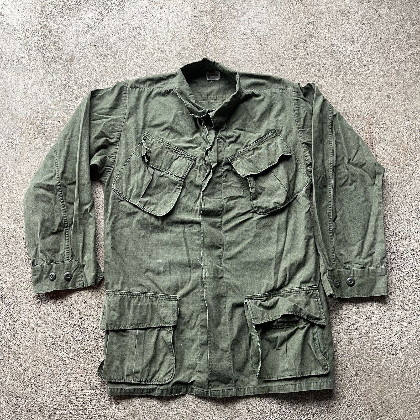 Military Shirt Small Long Green Slanted Pocket Poplin Rip Stop Vietnam Uniform