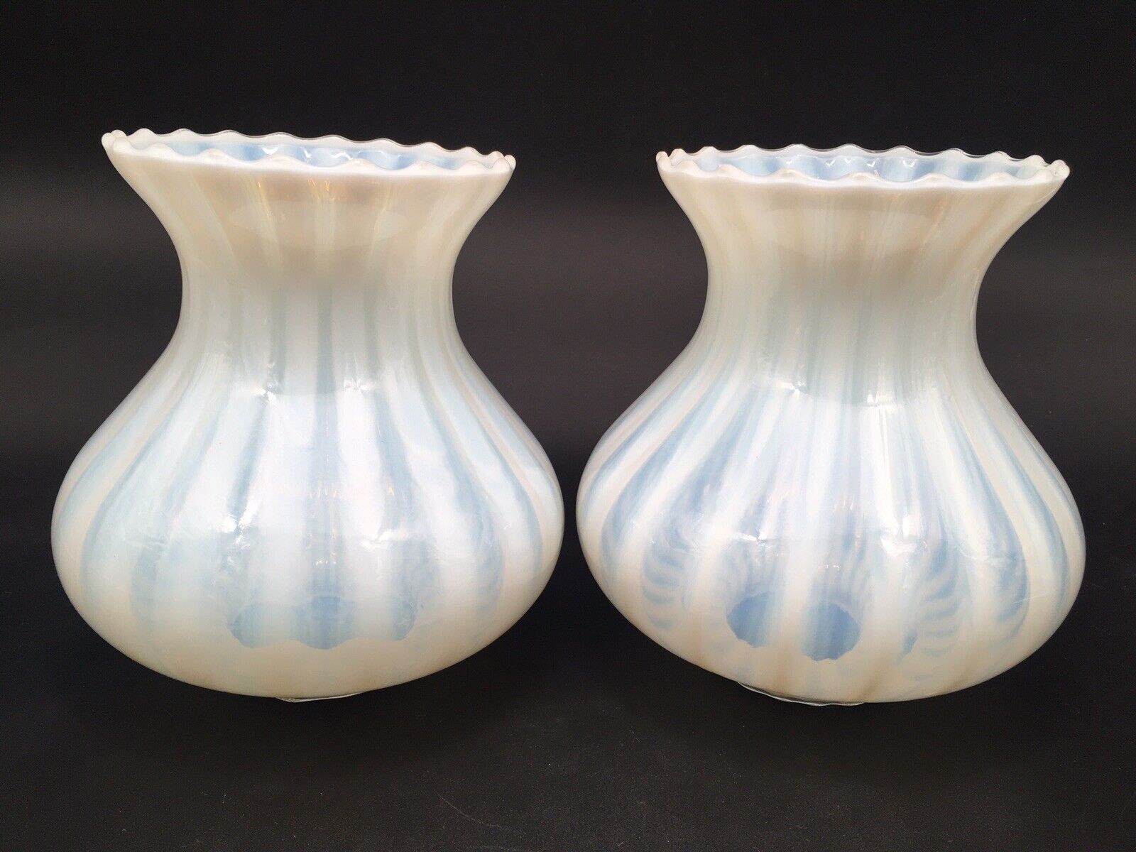 Pair (2) of White Opalescent Striped Glass Lamp Shades Vintage