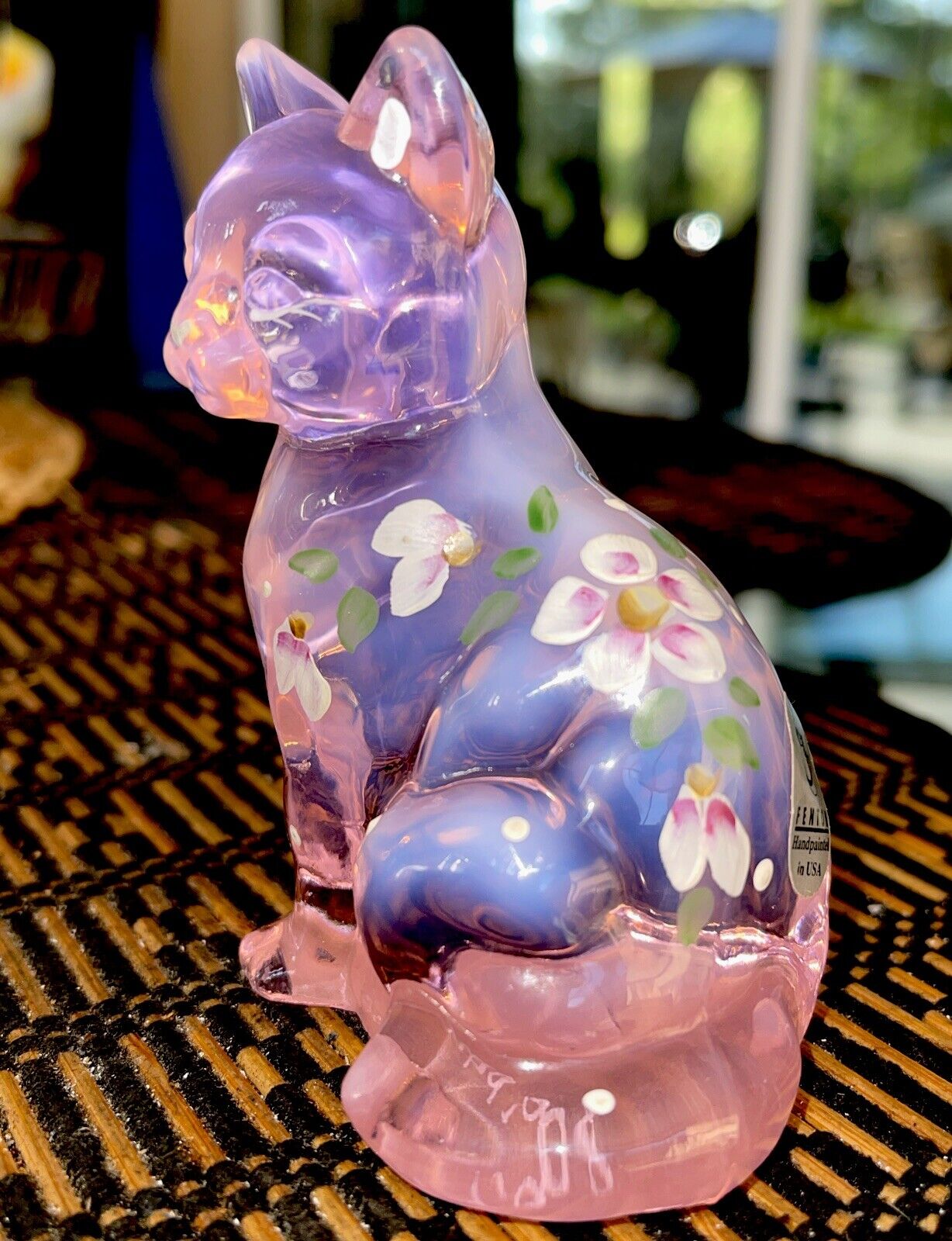 FENTON  PINK Chiffon Opalescent Sitting Cat Hand Painted Signed Numbered#2366