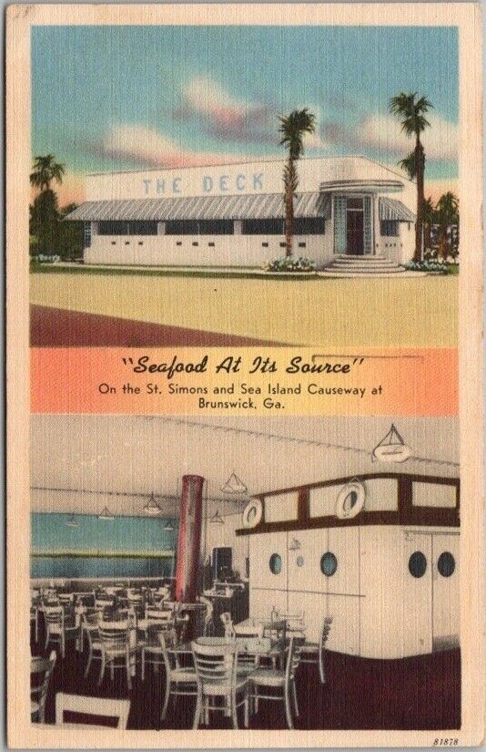 Brunswick, Georgia Postcard THE DECK SEAFOOD RESTAURANT Hwy 17 Linen 1952 Cancel