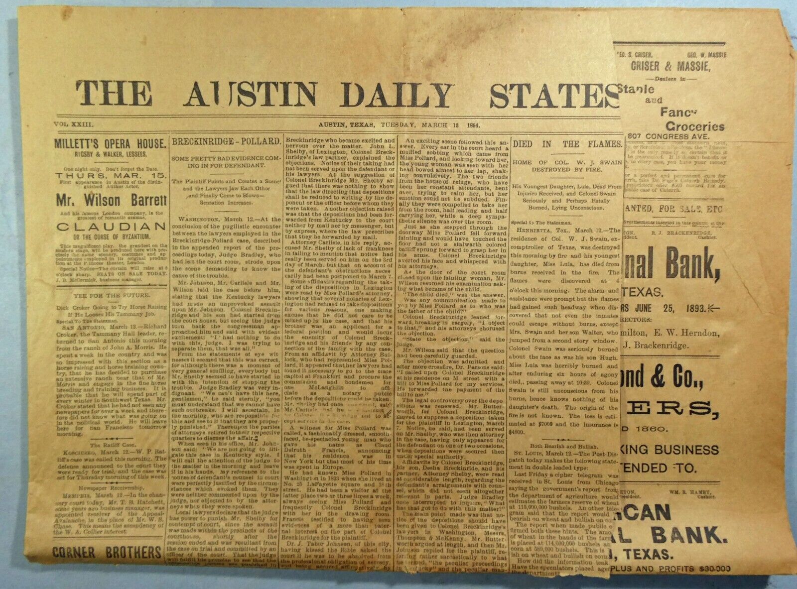Austin Daily Statesman Newspaper Mar 13, 1894 Okla Fight, 8 pages