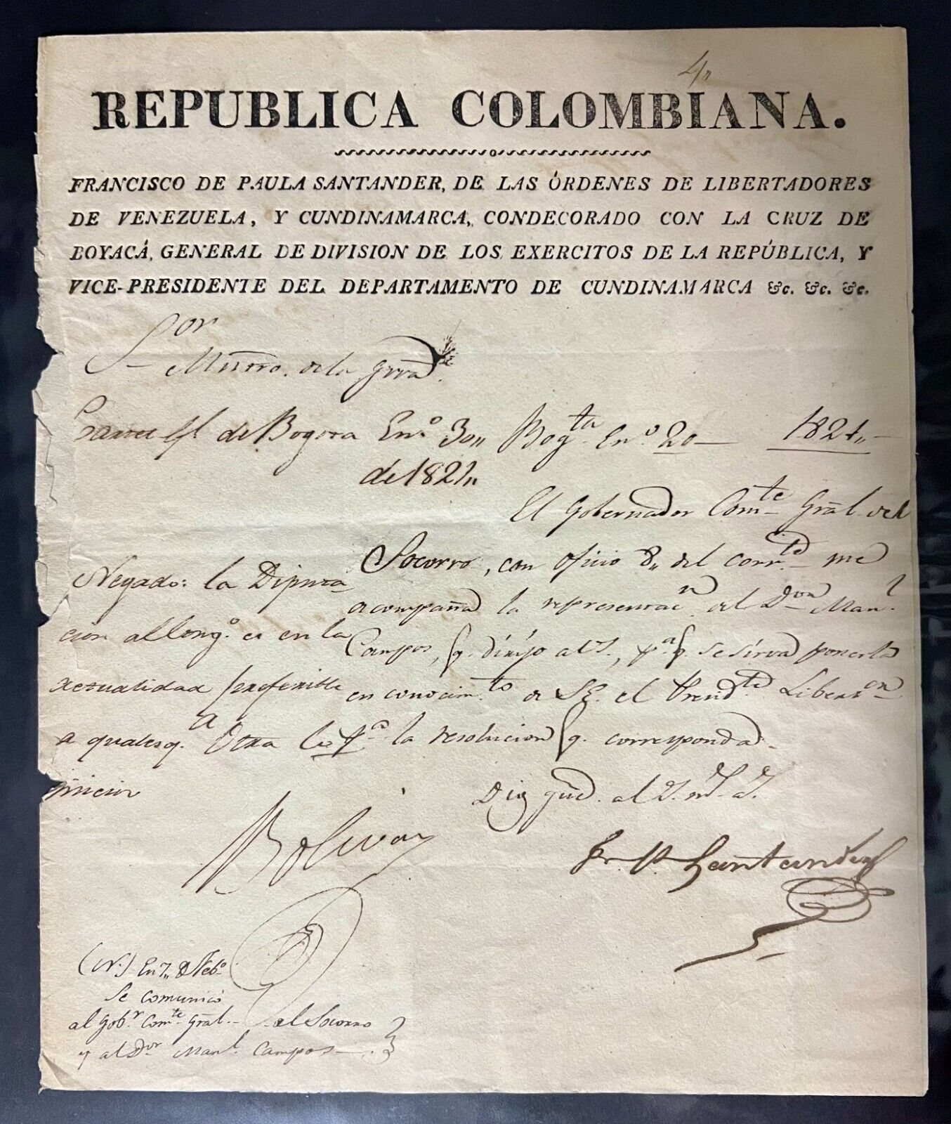 1824 Simón Bolívar Signed Manuscript Document EL LIBERTADOR Venezuela Colombia