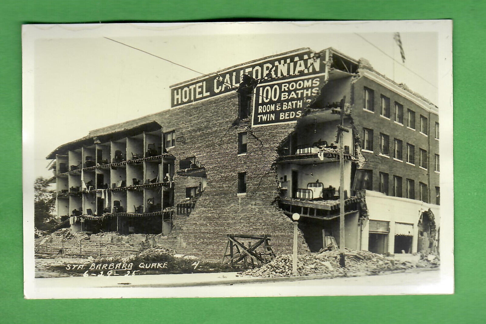 1925 SANTA BARBARA EARTHQUAKE RPPC REAL PHOTO POSTCARD - HOTEL CALIFORNIAN