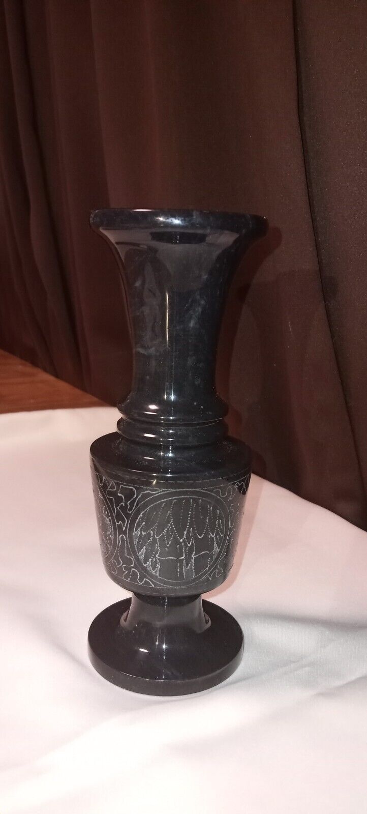 Vintage Black Onyx Marble Stone Vase Etched Heavy 8.5” Fluted