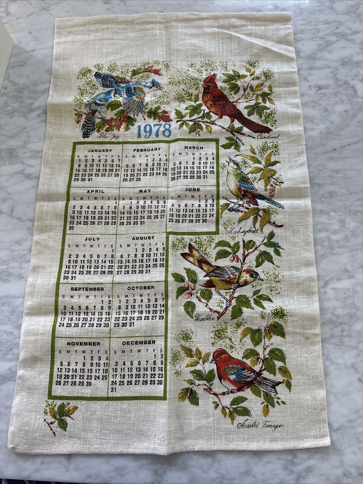 Vintage 1978 Linen Towel Kitchen Calendar - Birds 